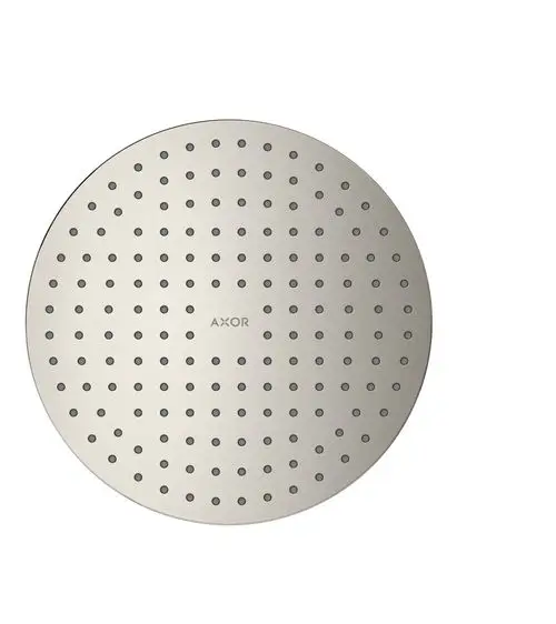 Runde Duschkopf aus Edelstahl mit vielen kleinen Düsen, beschriftet mit "AXOR", für Deckenmontage. Minimalistisches Design ohne sichtbare Halterung.
